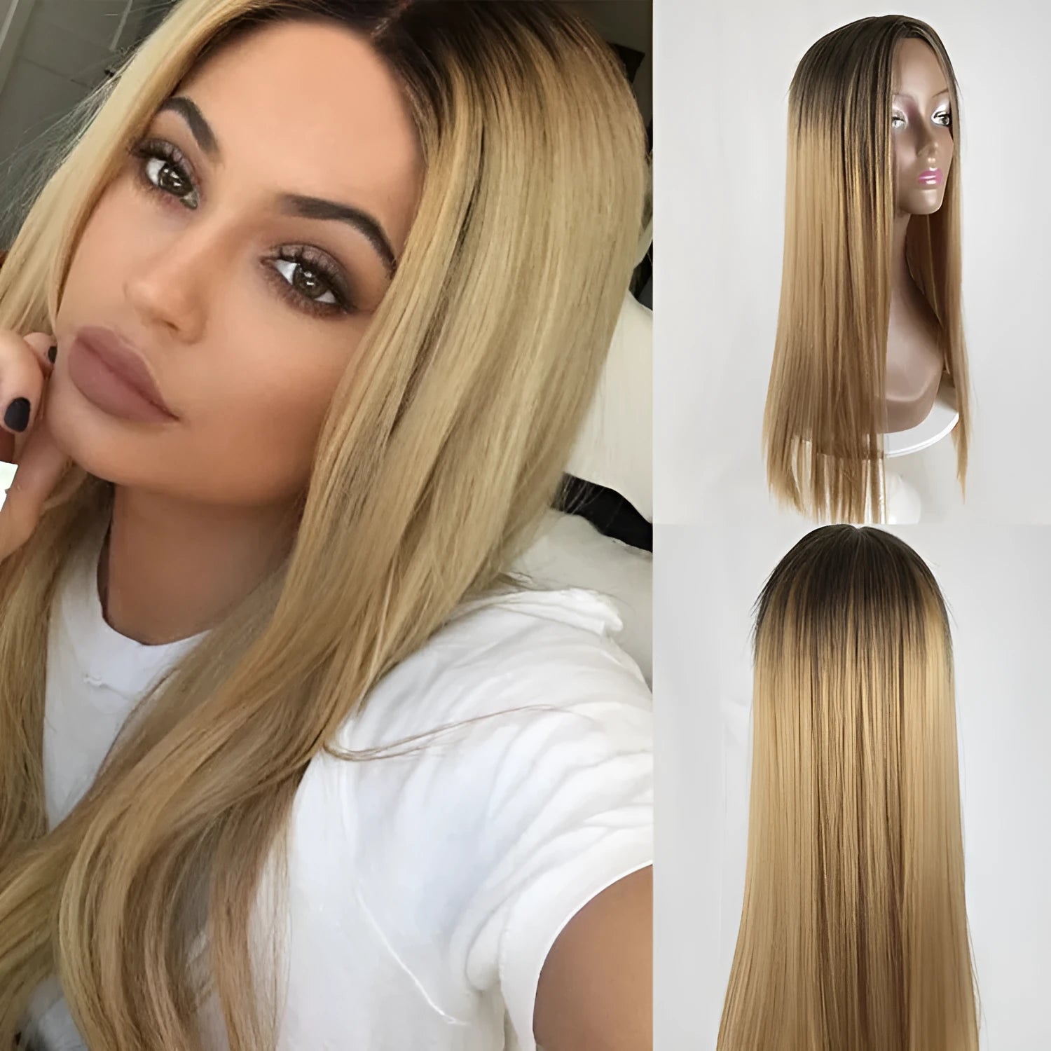 Long straight gradient fake hair wig with air bangs in Korean style made from high temperature silk