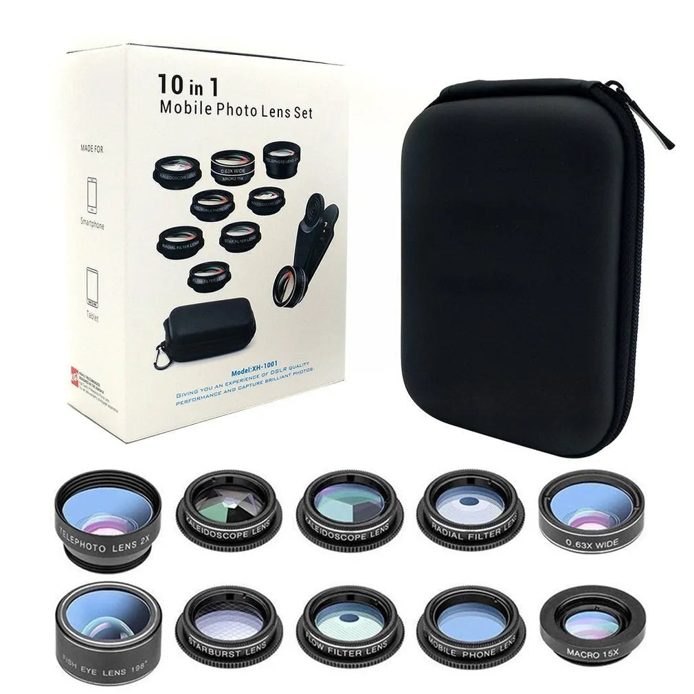 Black ten-in-one smartphone fisheye lens kit with aluminium-magnesium alloy housing and HD glass optics
