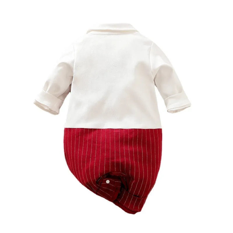 Baby boy wearing a wine red cotton gentleman-style long sleeve jumpsuit with single-breasted closure.