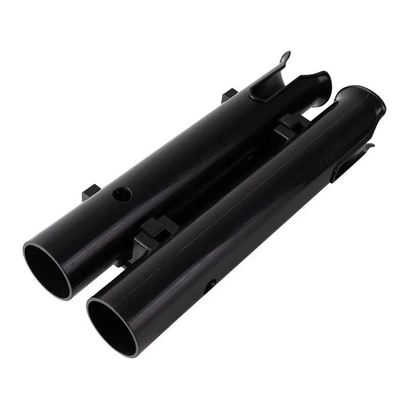 Black plastic fishing rod rack for bicycle and motorcycle mounting with clamp attachment