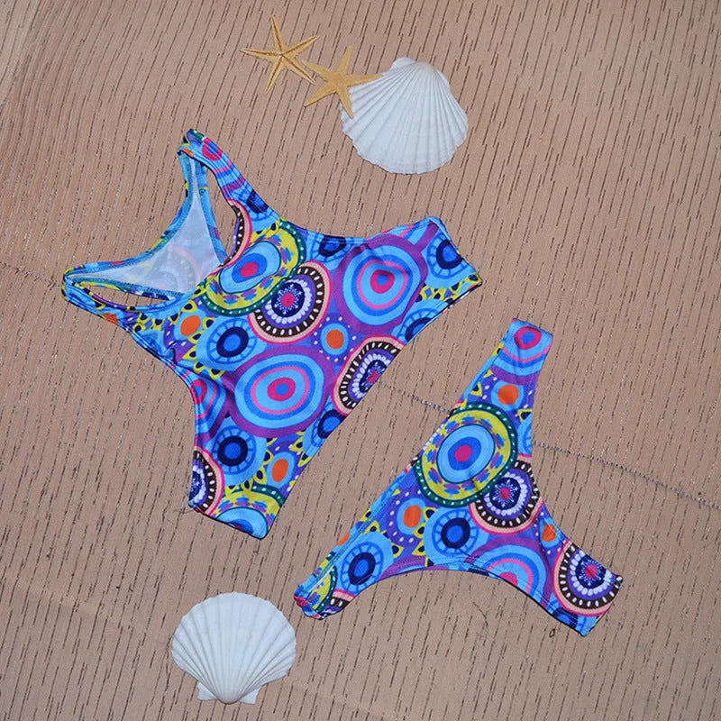 Women's circle printed bikini swimsuit set in S M L XL sizes quick-dry beach two-piece