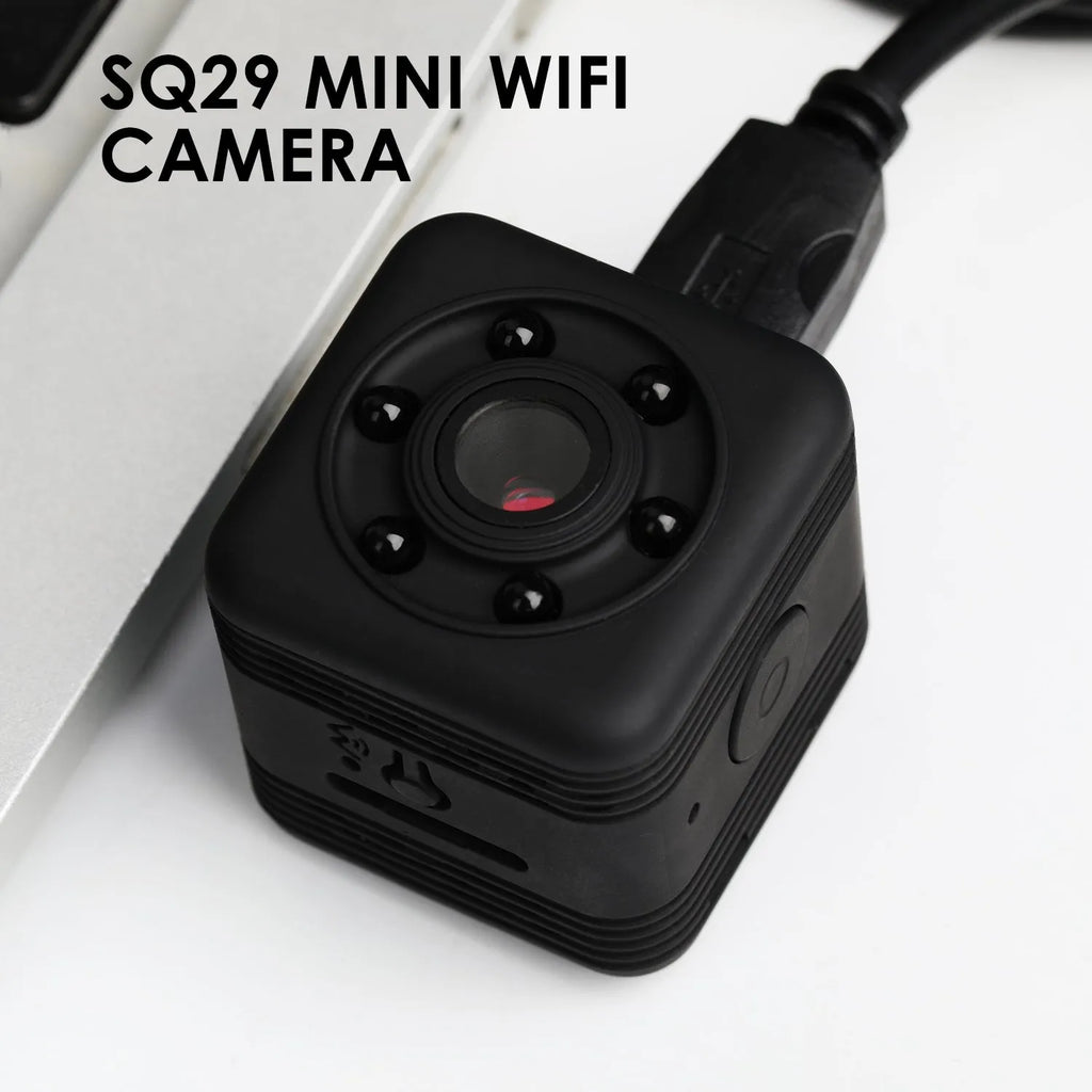 Black waterproof sports camera with MicroUSB port, shown with a 32GB memory card.