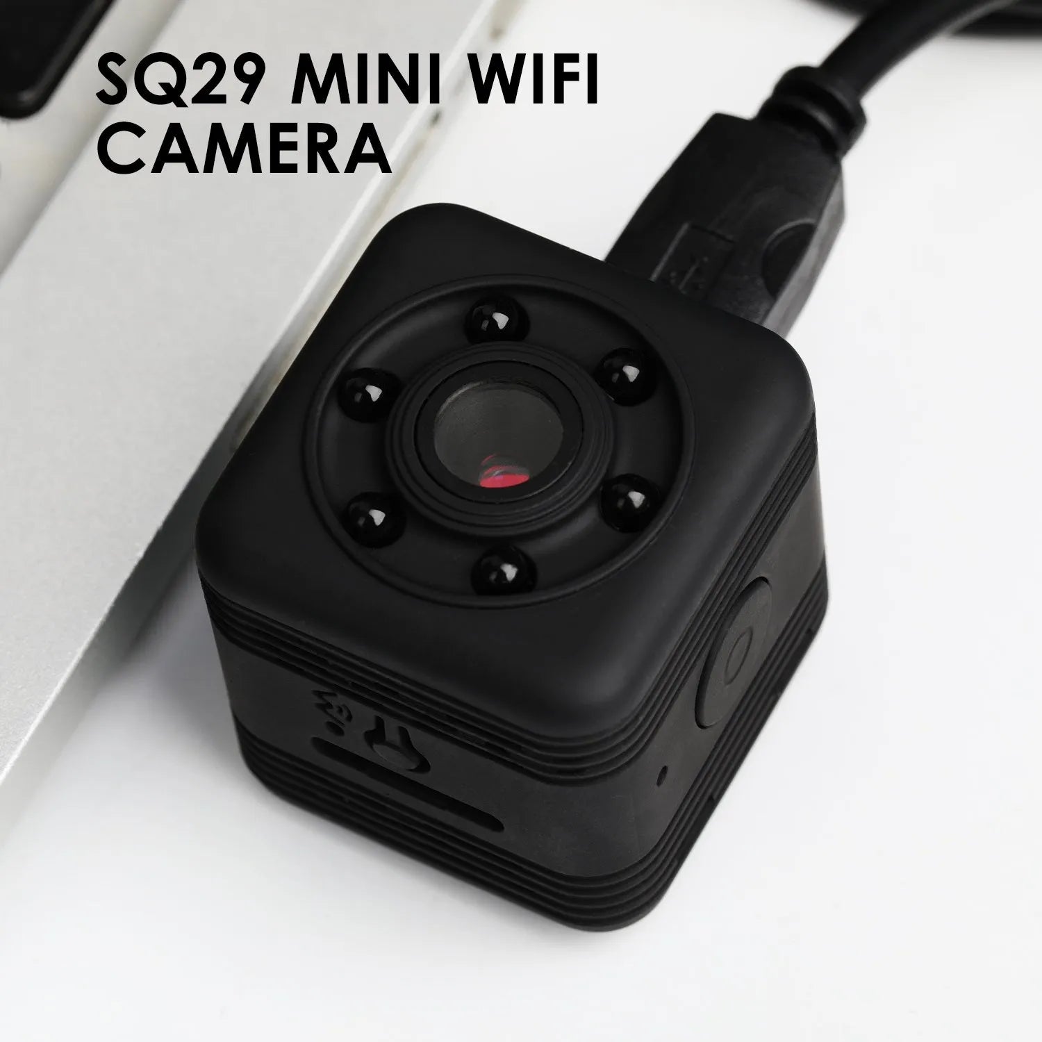 Black waterproof sports camera with MicroUSB port, shown with a 32GB memory card.