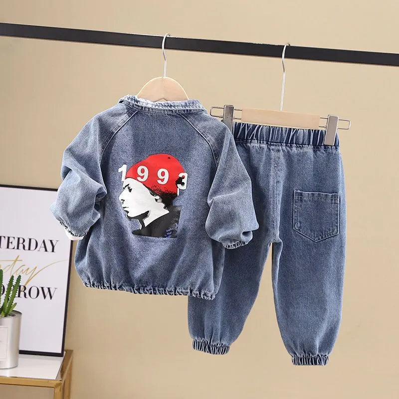 Boys' black denim two-piece suit set with long sleeves in Korean style