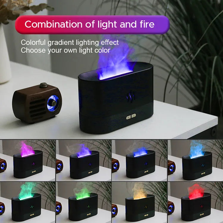 USB ultrasonic flame humidifier with RGB colour changing night light, 180ml tank, black and white options