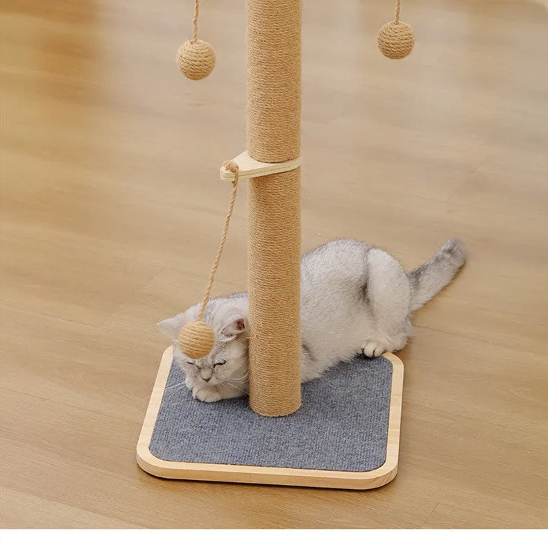 A 62cm tall pine wood cat climbing frame with carpet leather scratching posts, platforms, and a red windmill hanging ball toy.