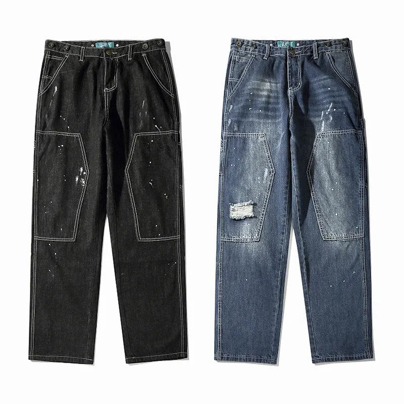Men's washed distressed straight loose fit mid-waist jeans in black and blue available in sizes M to XXL