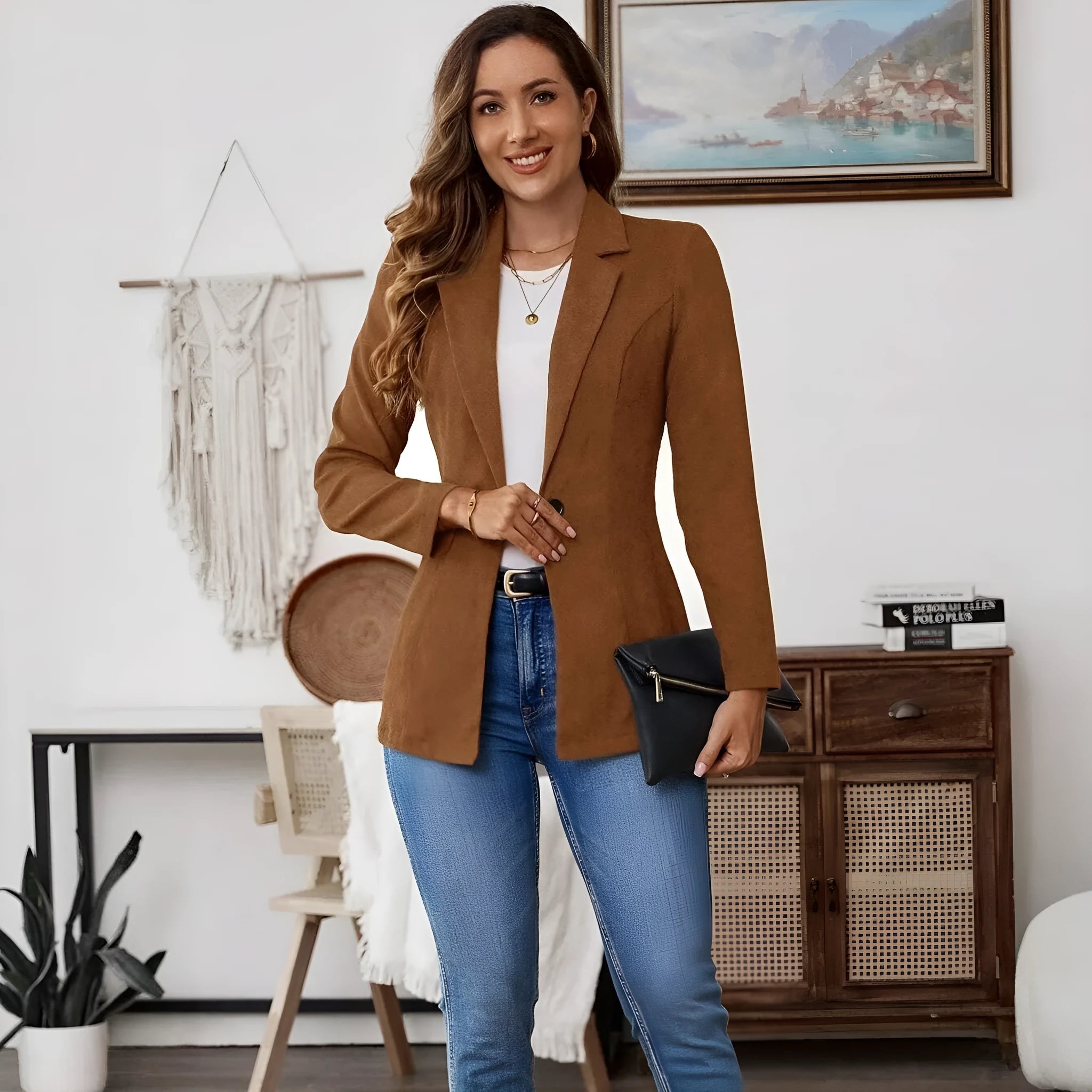 Brown men's single-breasted lapel coat with long sleeves on a hanger.