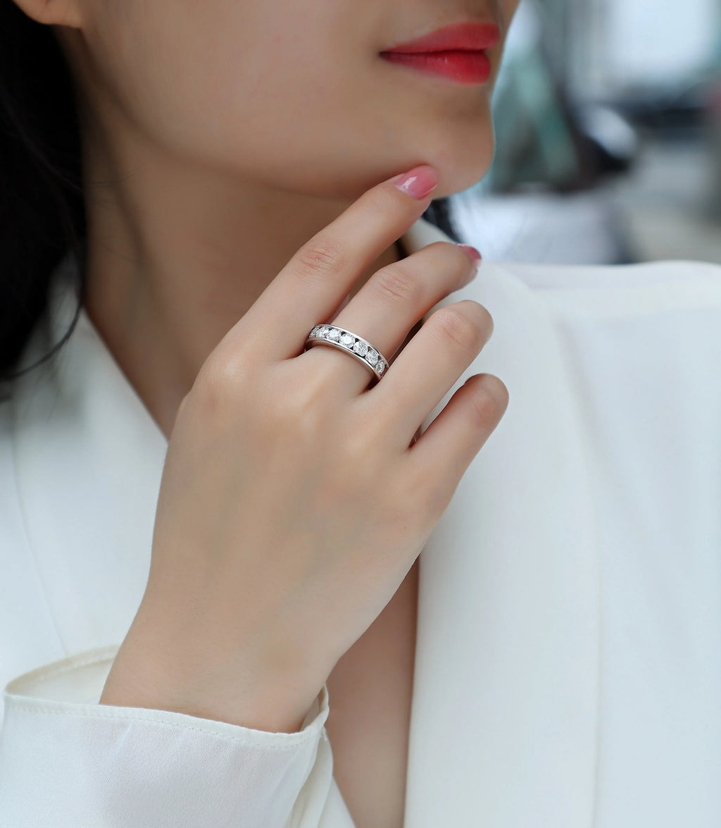 Large star moissanite wedding ring in S925 silver with platinum plating on white background