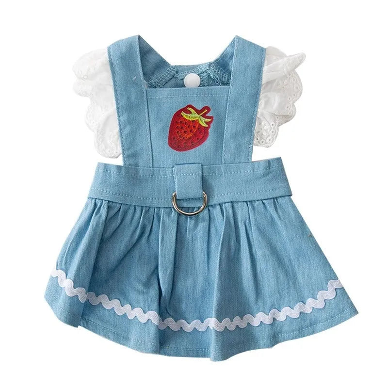 Strawberry denim skirt dog clothes in Bondi Blue colour showing traction backing and weight-based sizing options