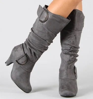 Women's brushed velvet suede high-cylinder boots with tapered heel, round toe, solid colour