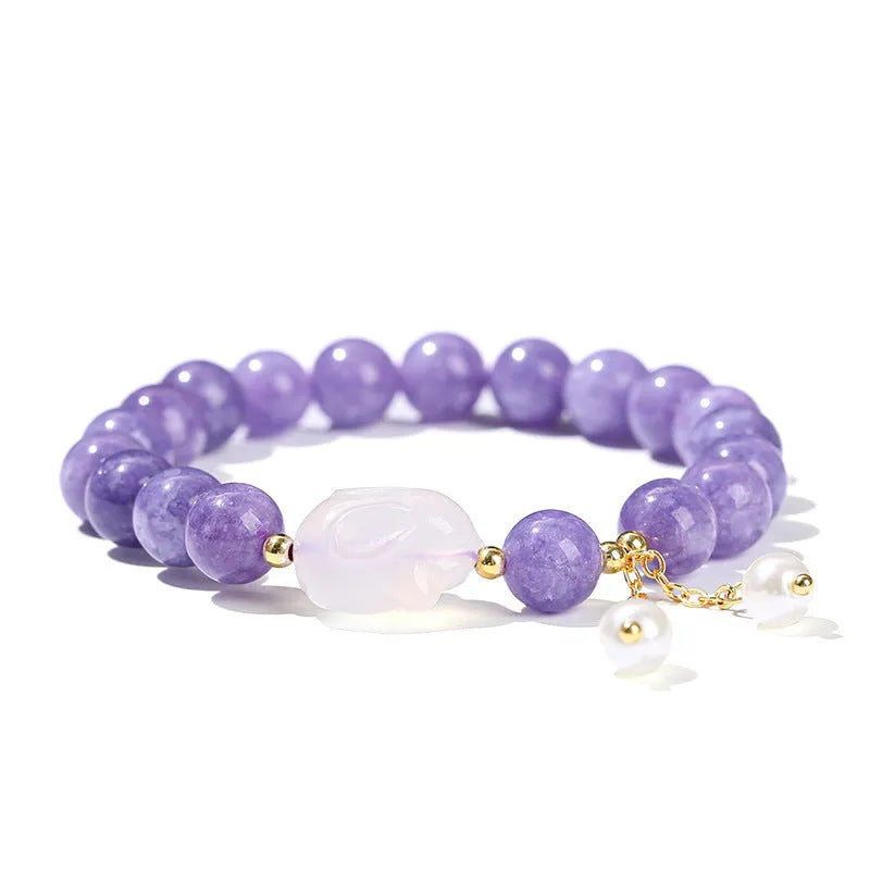 Purple aquamarine and agate stone bracelet with a geometric rabbit charm for women.