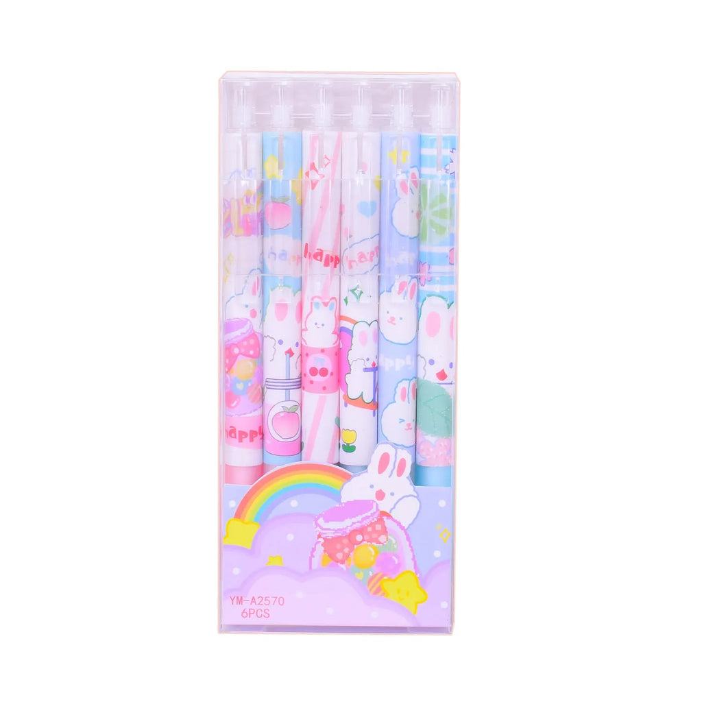 Six cartoon bunny design pens with 0.5mm tips and neutral black ink in plastic shells