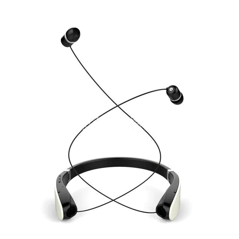 SX991 wireless retractable earbuds Bluetooth 5.0 neckband in black with battery display and retractable earphones