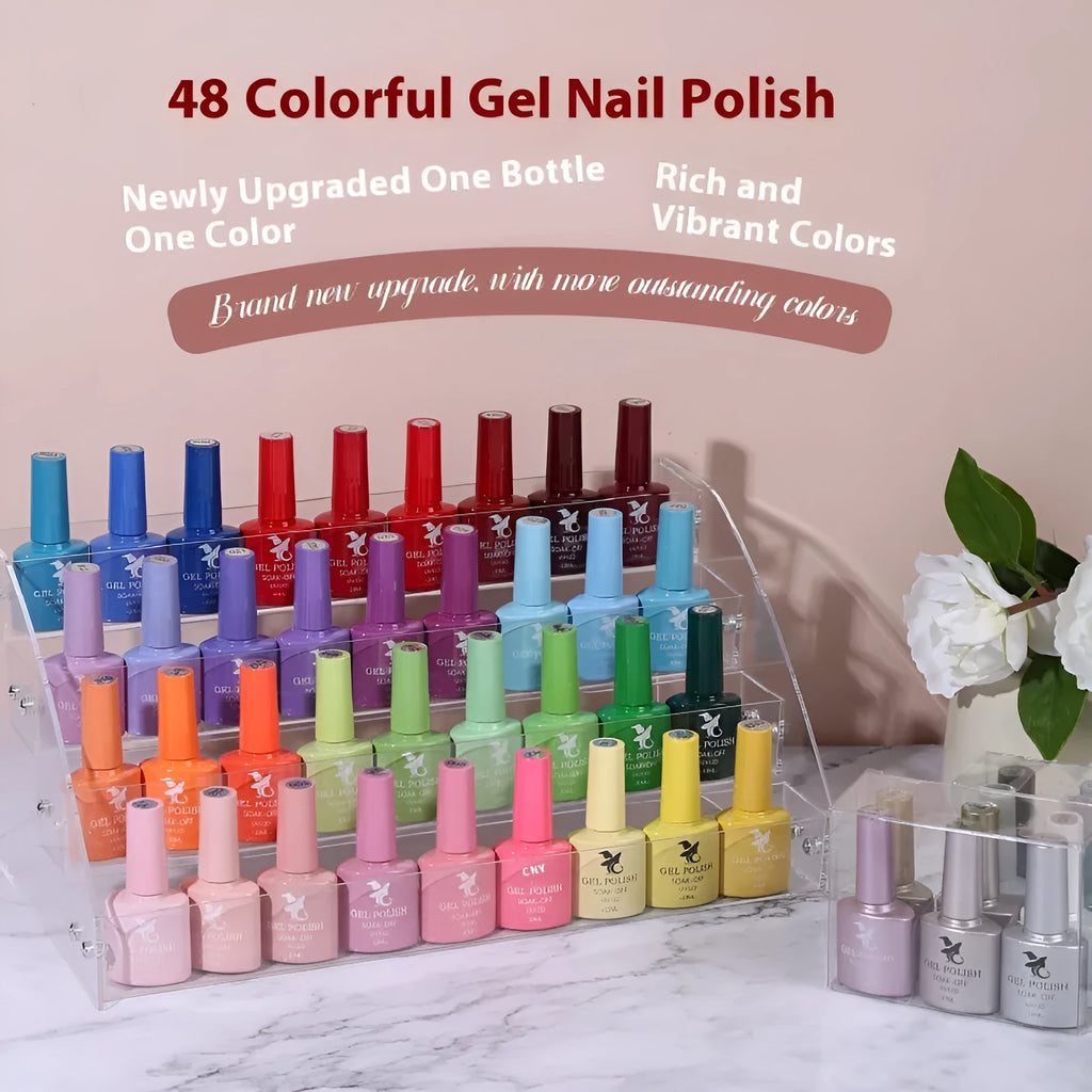 48 colour UV phototherapy plastic gel nail polish set with 7ml bottles in various finishes including glitter and nude shades