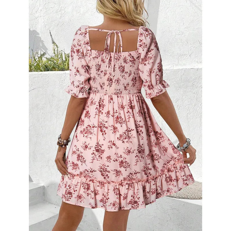 Women's printed puff sleeve backless dress in blue with lace-up and patchwork details, mid-length polyester dress