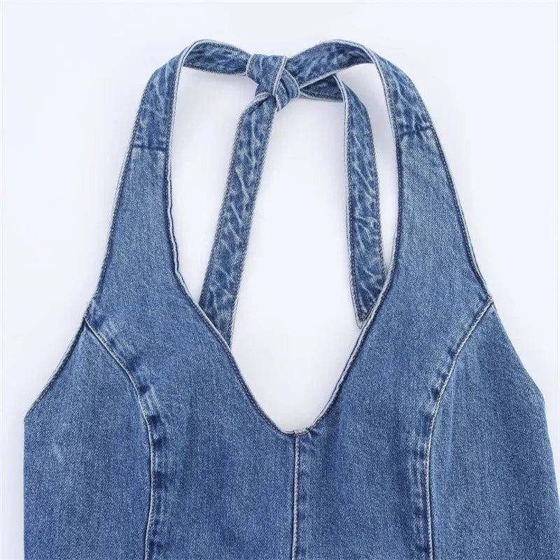 Off-the-shoulder backless denim dress with lace-up back halter neck A-line silhouette women polyester picture colour