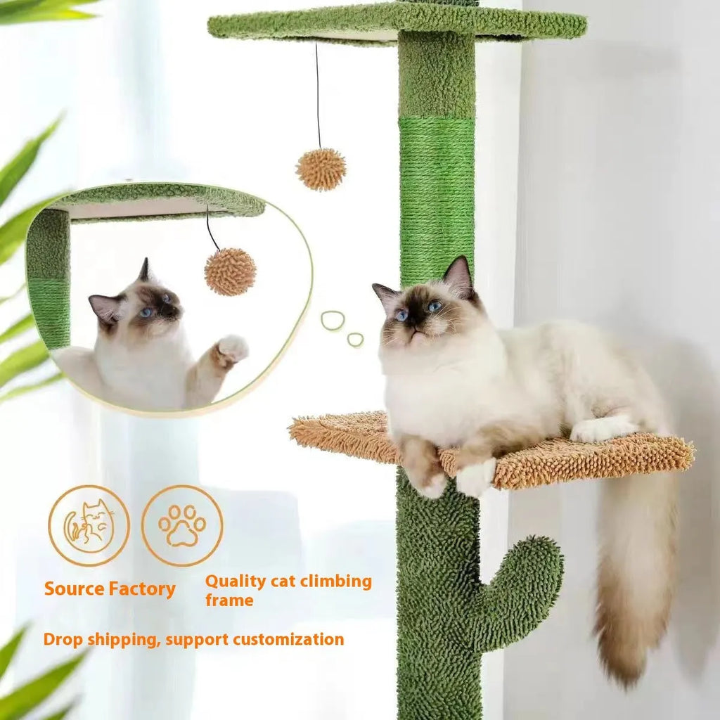 Tall solid wood cat climbing frame with integrated scratch board and cat nest.