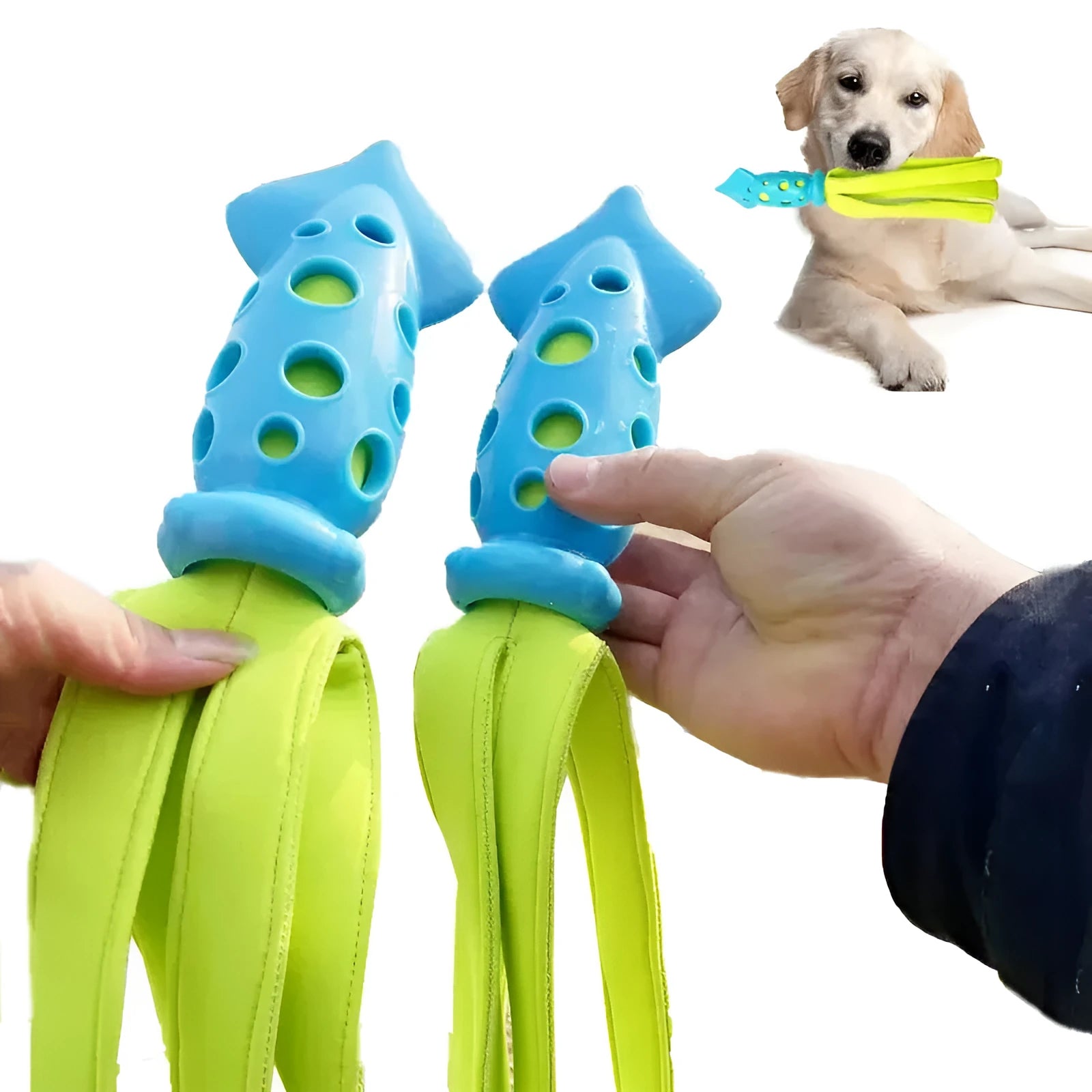 Blue squid-shaped dog chew toy with rubber tentacles and waterproof cloth elements measuring approximately 39cm