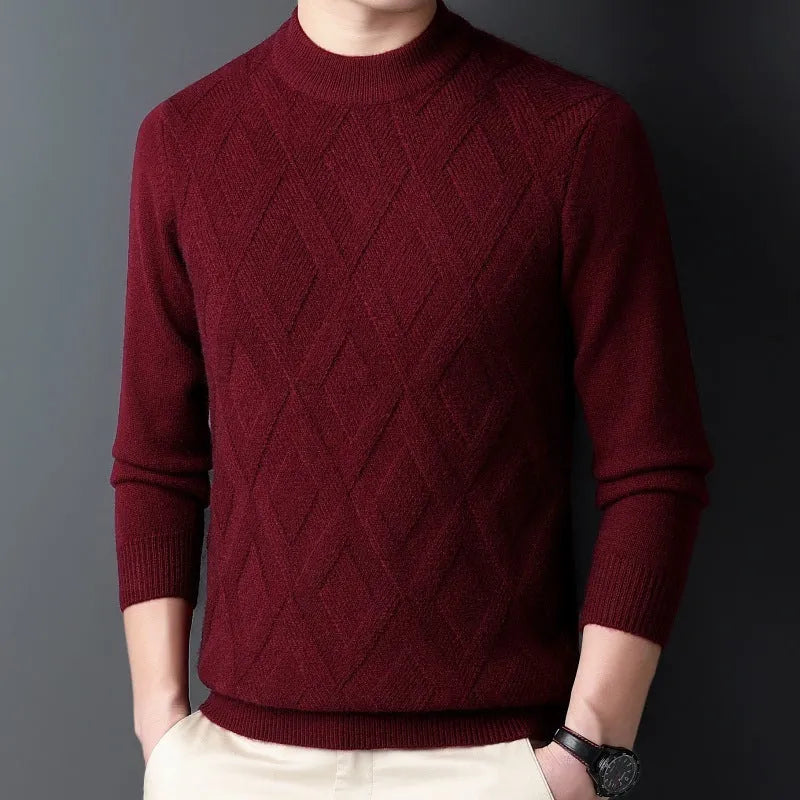 Men's thick winter sweater with diamond jacquard pattern in light camel colour