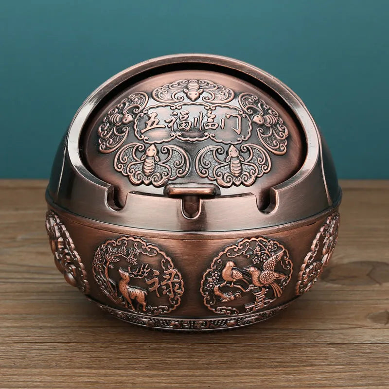 XL decorative alloy ashtray with smoke slot in bronze finish showing dragon and phoenix design