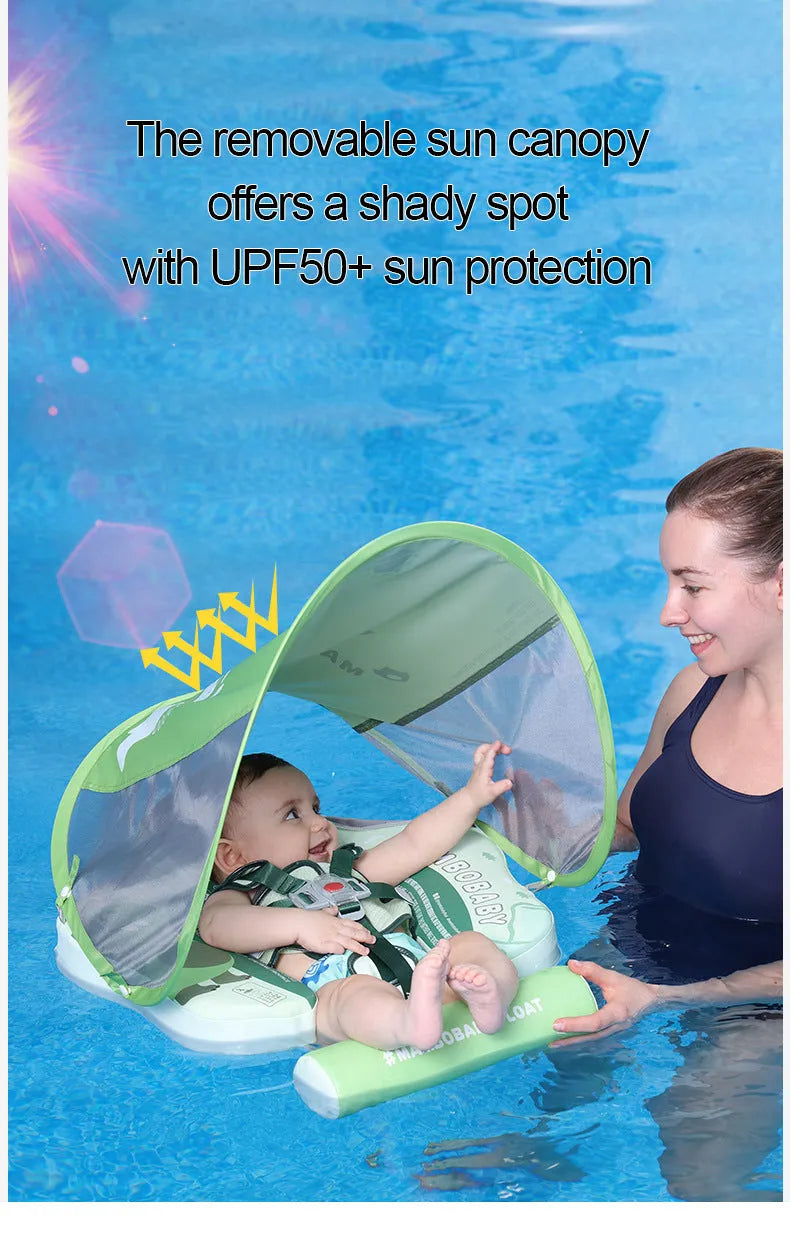 Avocado green dinosaur baby swimming ring with sun shade inflated