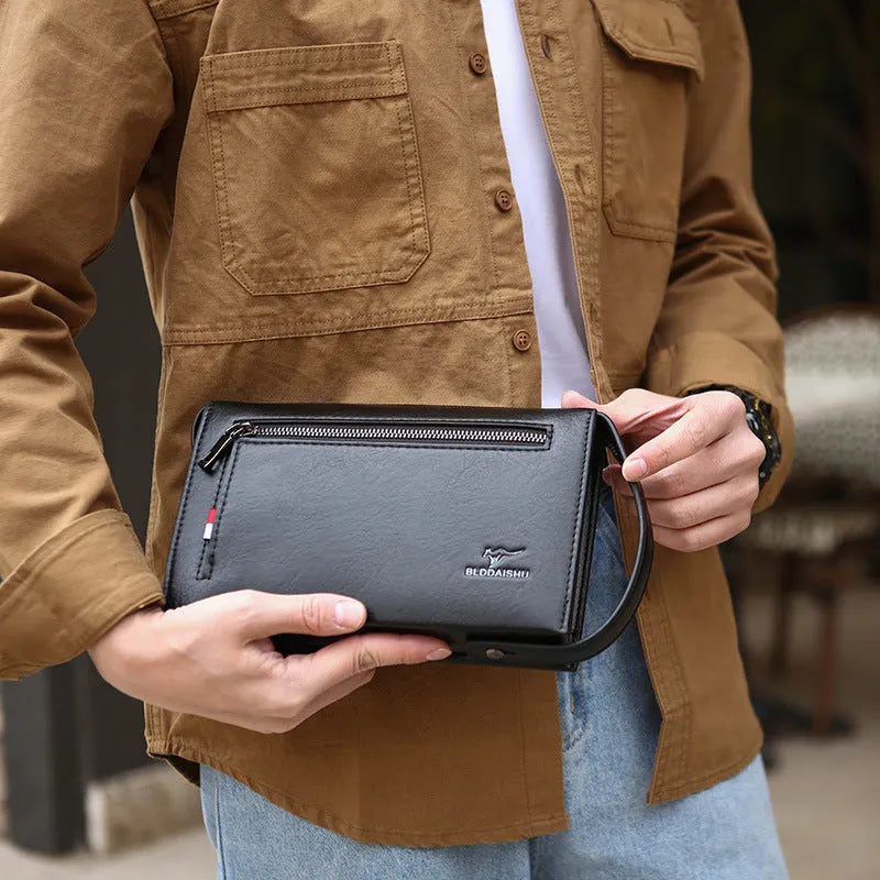 Men's large capacity PU clutch briefcase in solid black colour, front view
