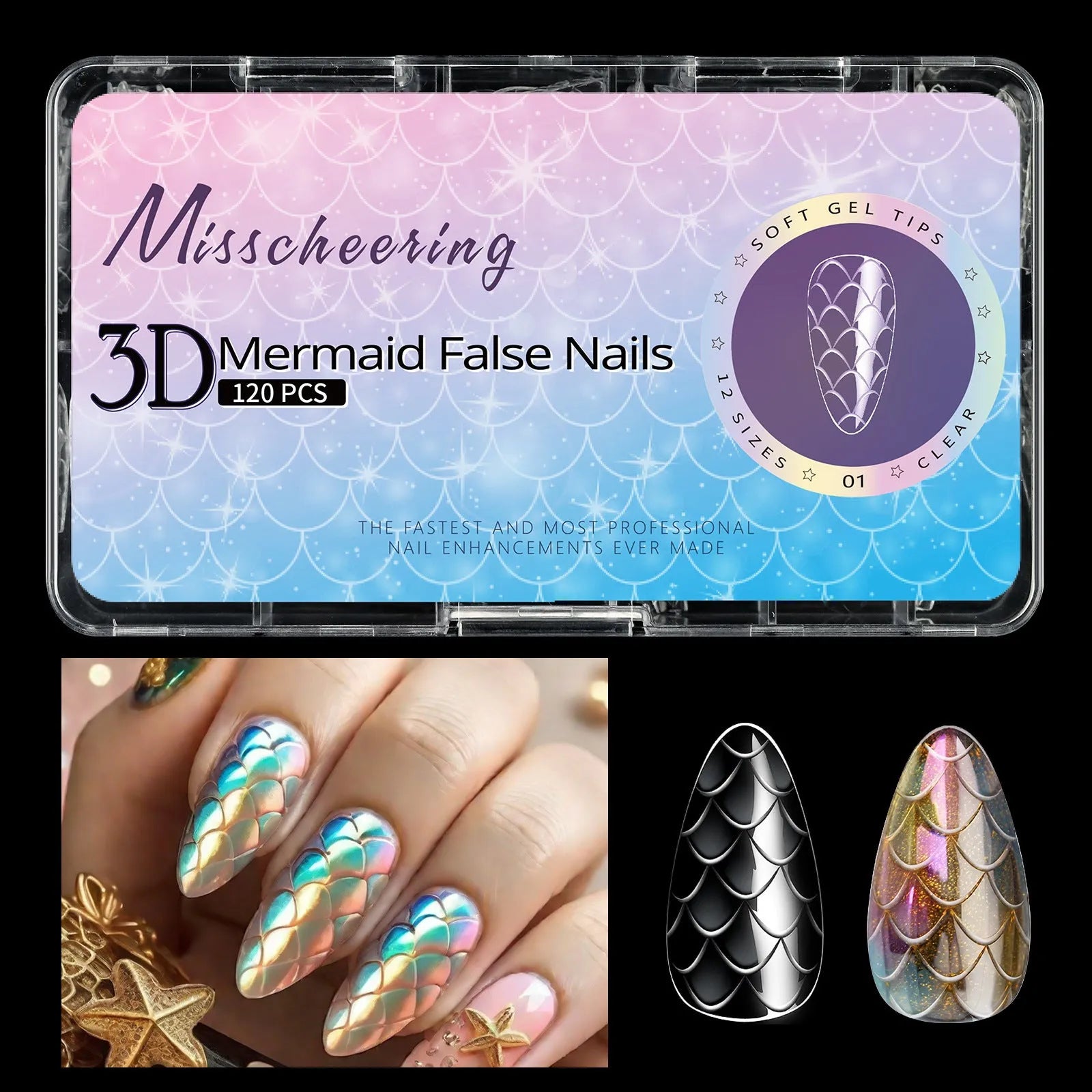 3D scale long shaping nail tips for gel and acrylic nail extensions in multiple colour options