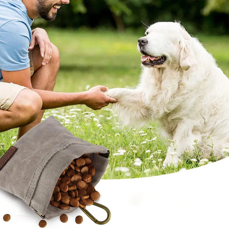 Waxed canvas pet snack bag in Khaki colour, compact treat pouch for dog training outdoors