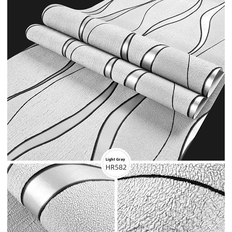 Curve Stripe 3D textured wallpaper roll showing close-up of light grey velvet geometric pattern