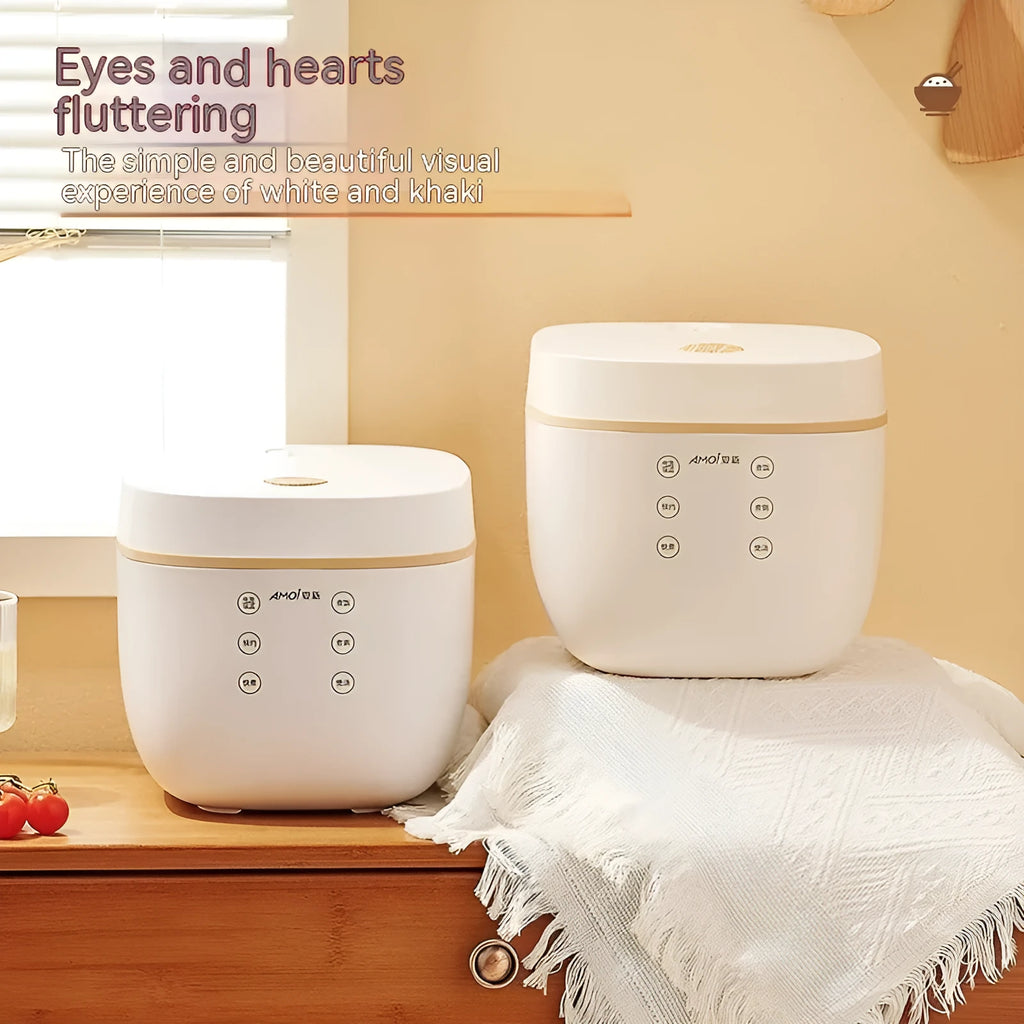 White or beige intelligent rice cooker with 3L capacity and digital control panel