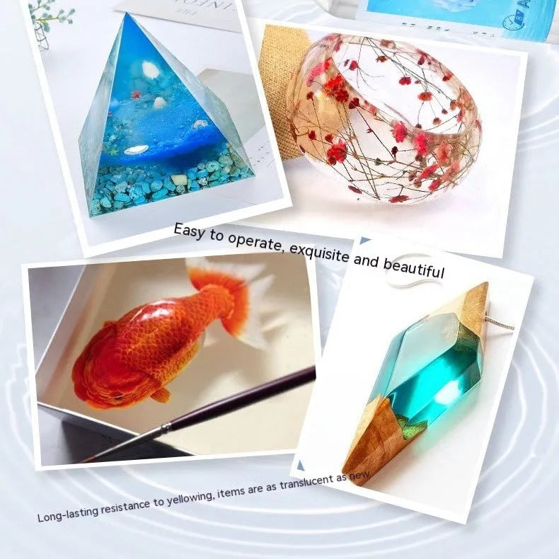 1kg bottle of clear epoxy resin glue and a smaller bottle of crystal drops for DIY crafts.
