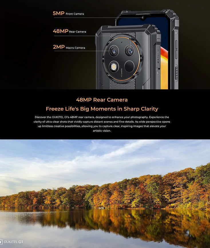 OUKITEL G1 mobile phone in choice of grey, green, or orange colour with charger and manual.