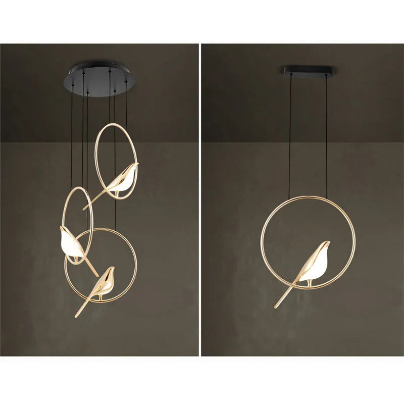 Modern linear chandelier with a minimalist metal magpie bird design and clear acrylic details, hanging 150cm long.
