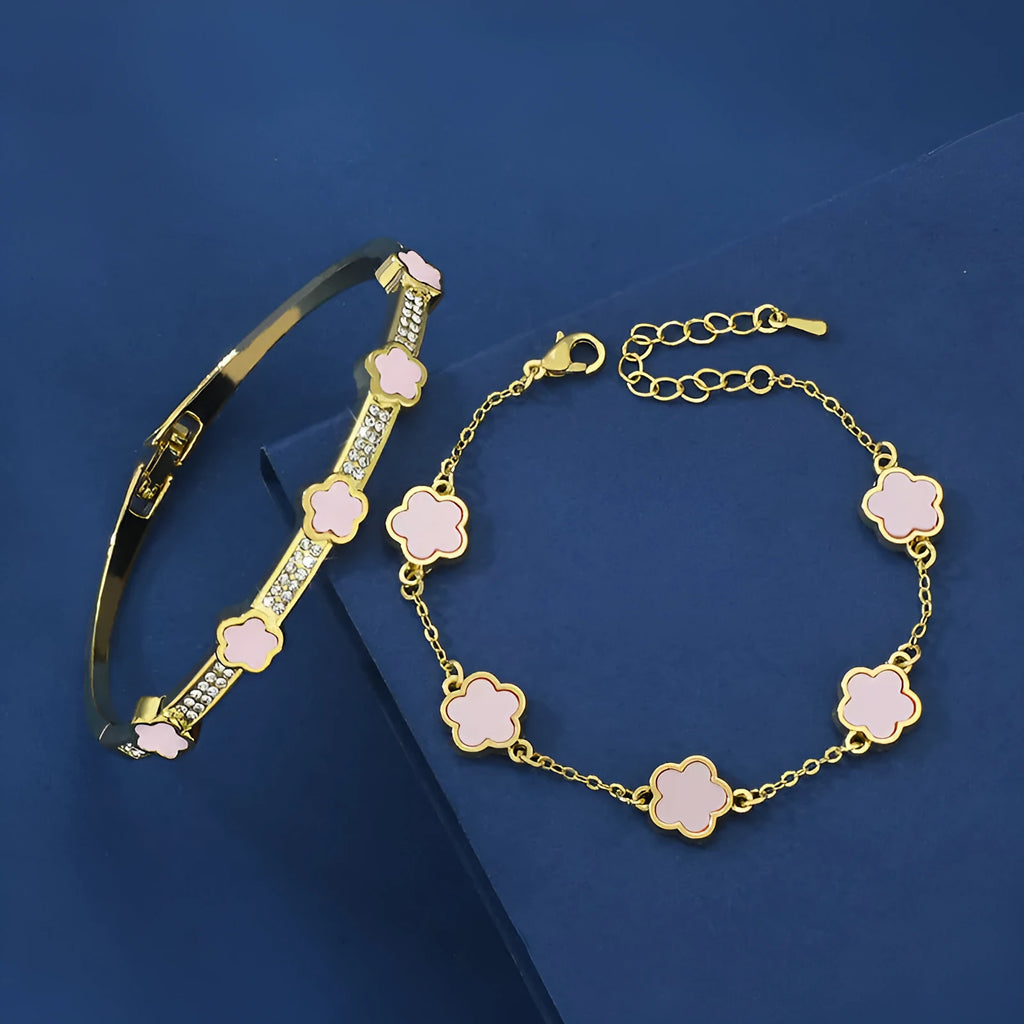 Five petal flower lace bracelet set in copper with electroplated finish, white TZ-809 colour, two bracelets