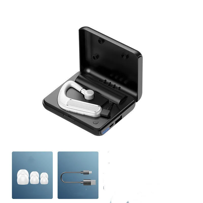 Black Bluetooth earphones with hanging ear design and a selection of silicone ear tips.