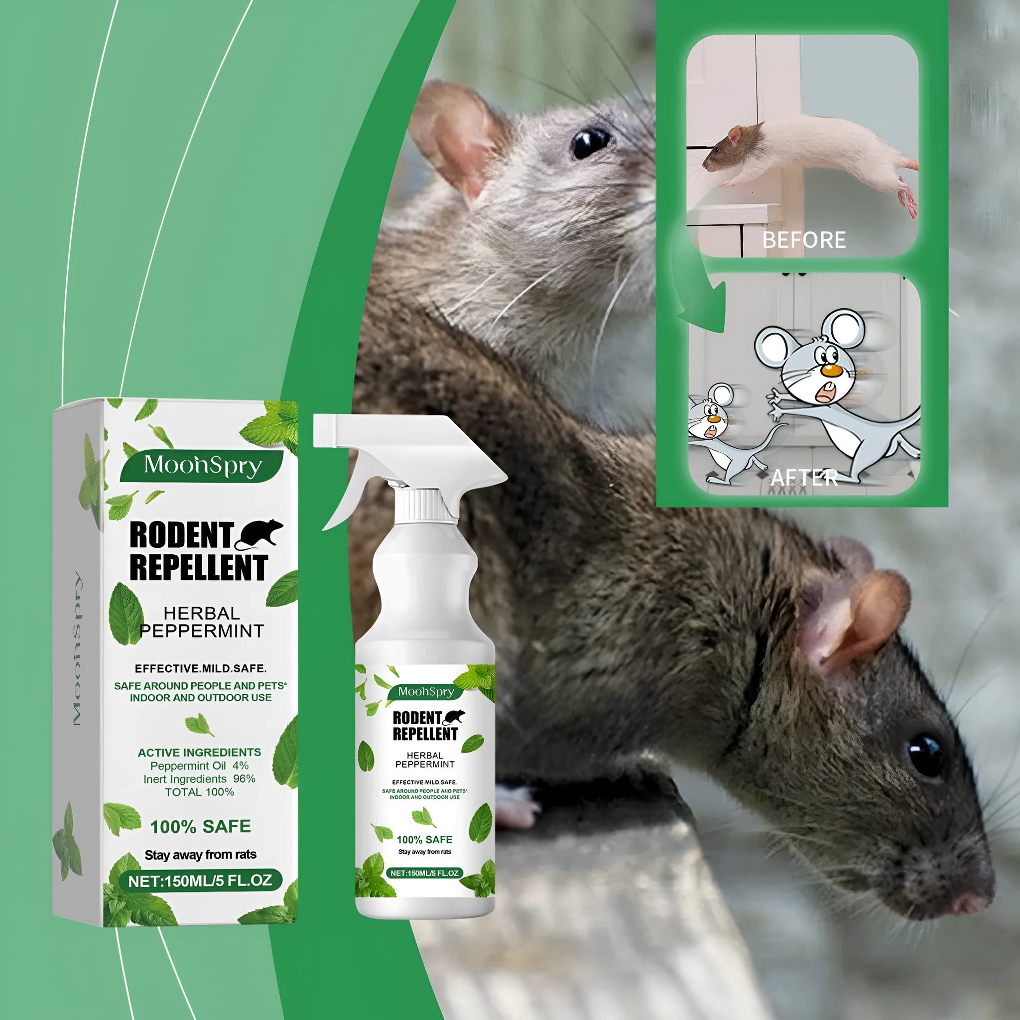 Outdoor mint-flavoured rat repellent spray 150ml bottle with peppermint and chili essential oils