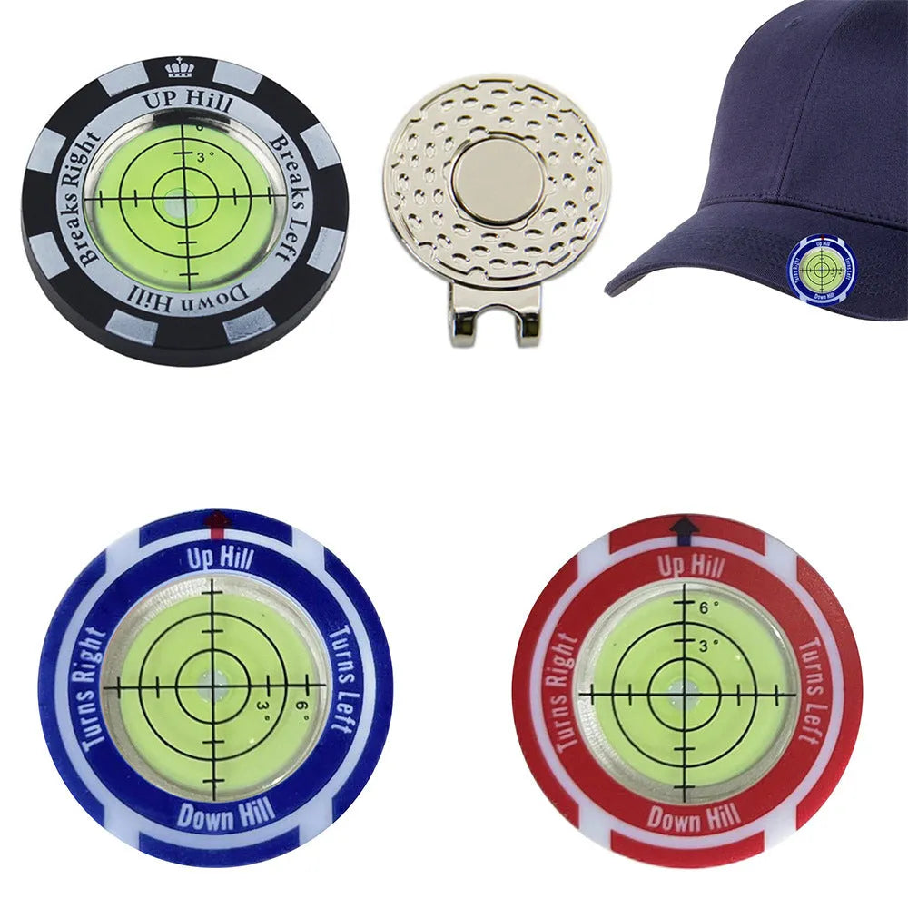 Golf level measurement tool with hat clip and green position markings for score tracking