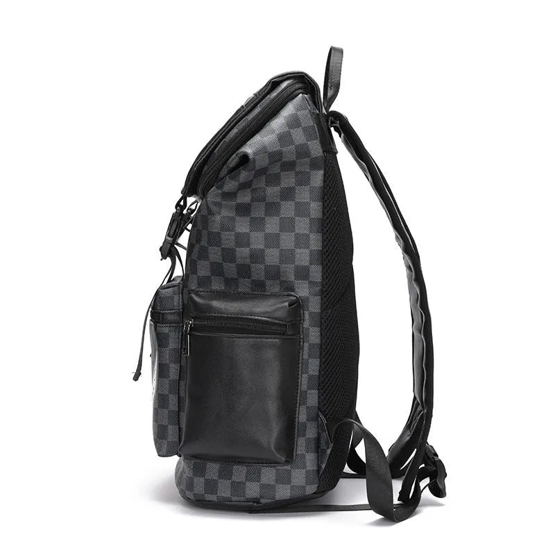 Korean casual checkered printed large backpack in PU leather with curved shoulder straps.