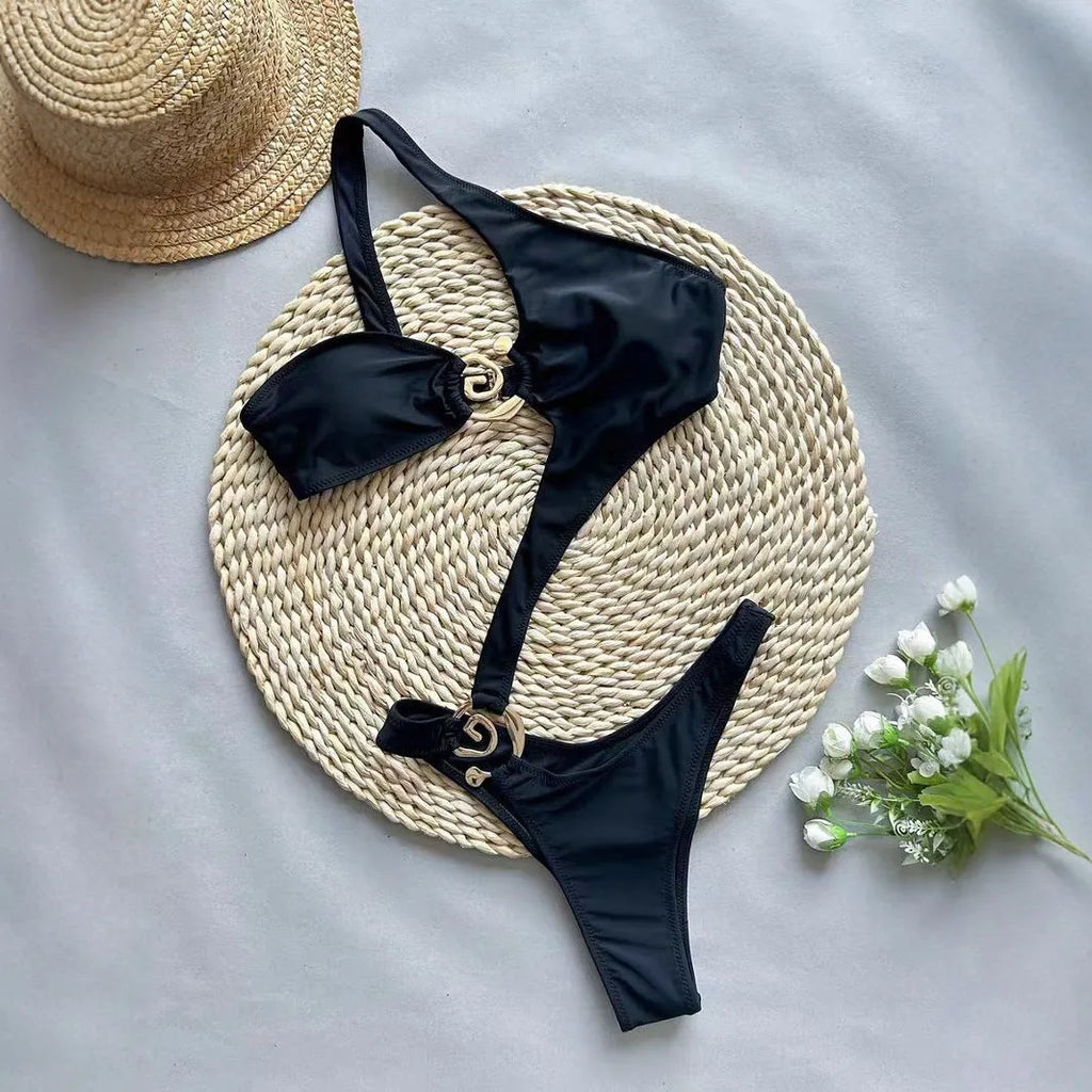 Women's black printed nylon bikini set in sexy style, two piece swimsuit on model