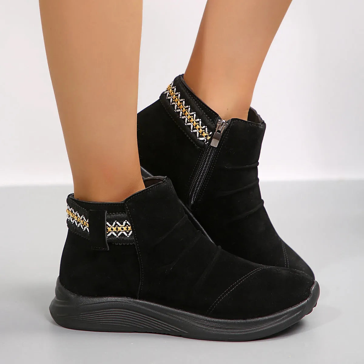 Women's frosted Martin boots round toe platform flat heel side zipper cowhide matte leather black
