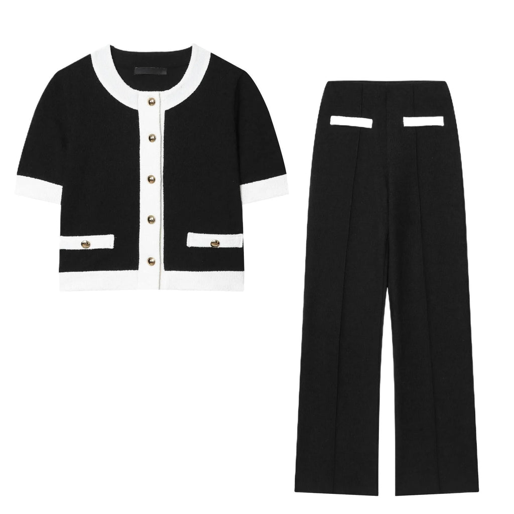 Women's casual two-piece suit with beaded leather detail on top and high-waisted stretch trousers.