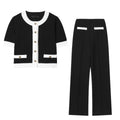 Women's casual two-piece suit with beaded leather detail on top and high-waisted stretch trousers.