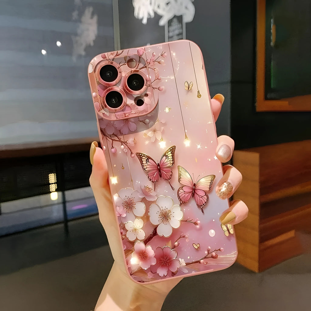 TPU soft shell phone case with butterfly design in pink for iPhone 15 Pro Max, showing protective edges and sprayed finish