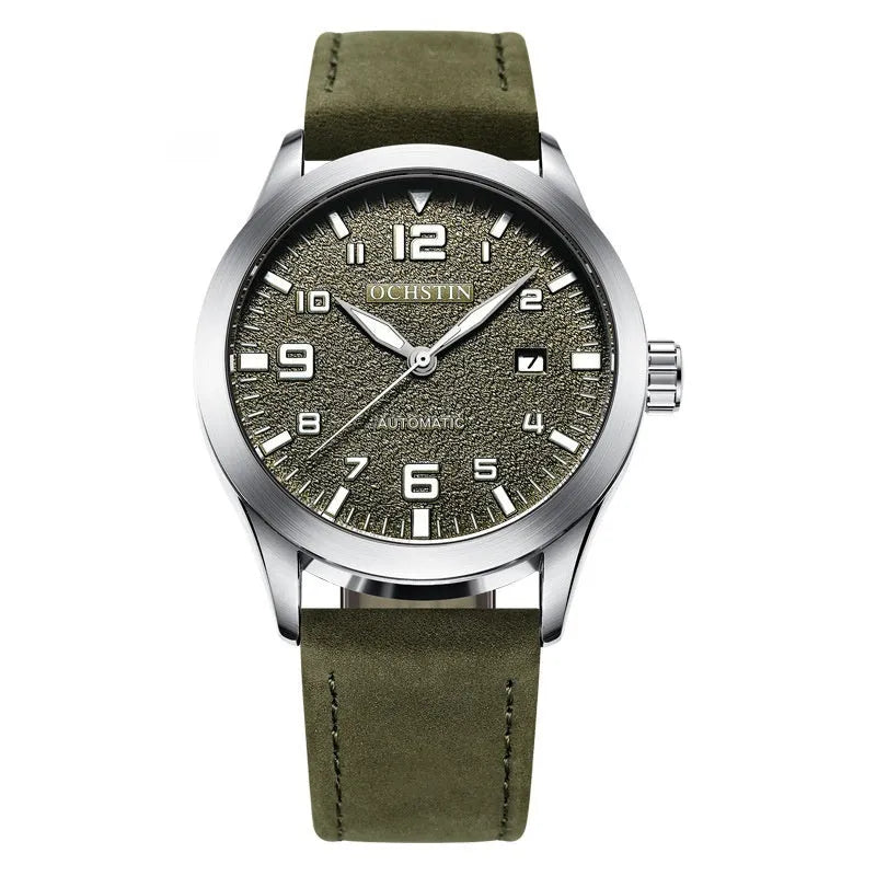 Men's retro automatic watch with leather strap in silver and army green colour option.