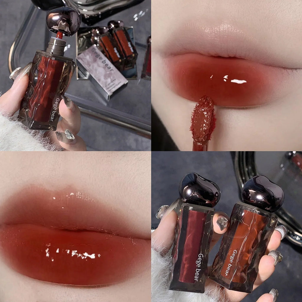 Mirror finish lip lacquer tube with water-light glossy texture in seven numbered colour shades