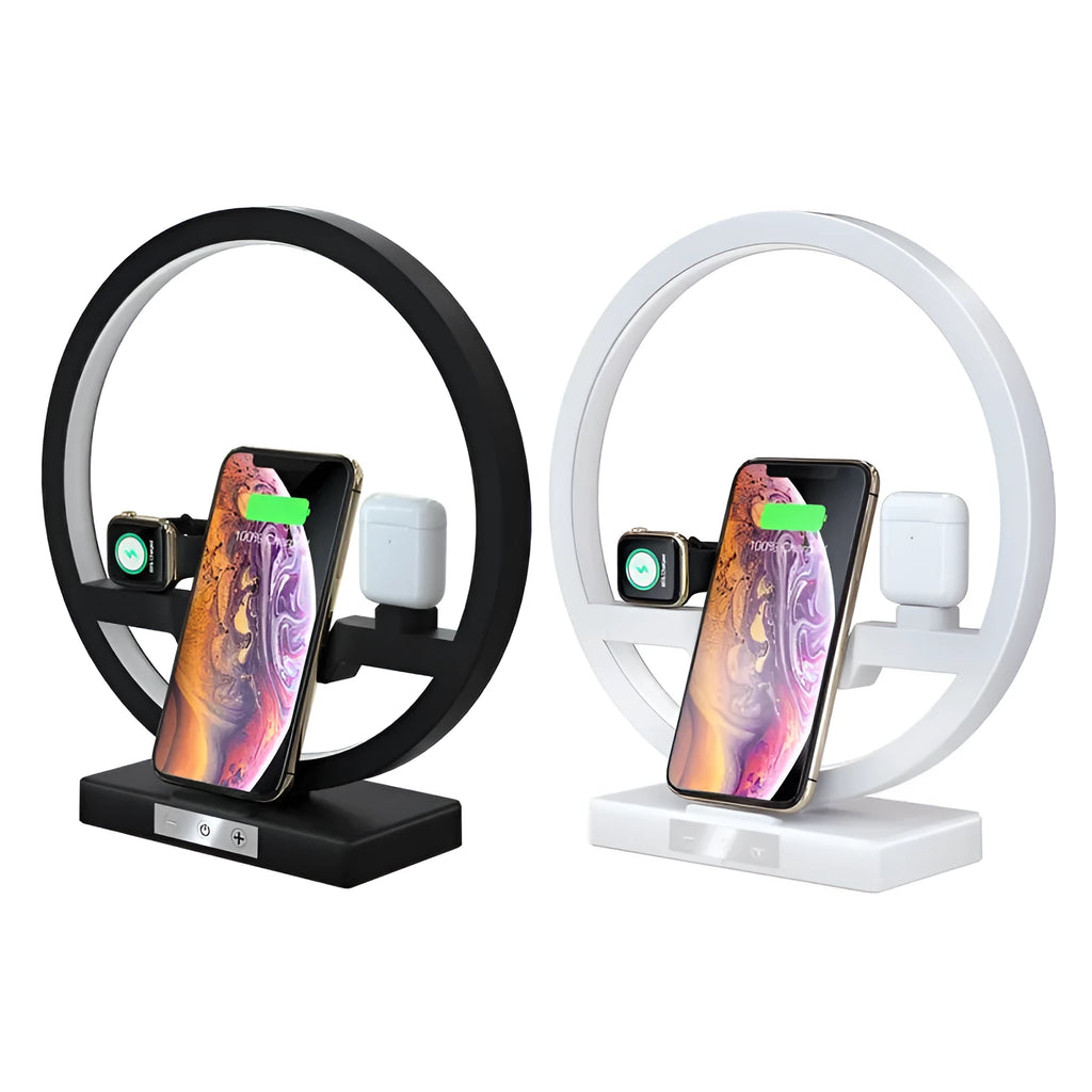 Black 3 in 1 wireless charger stand with ring light for phone watch and headset