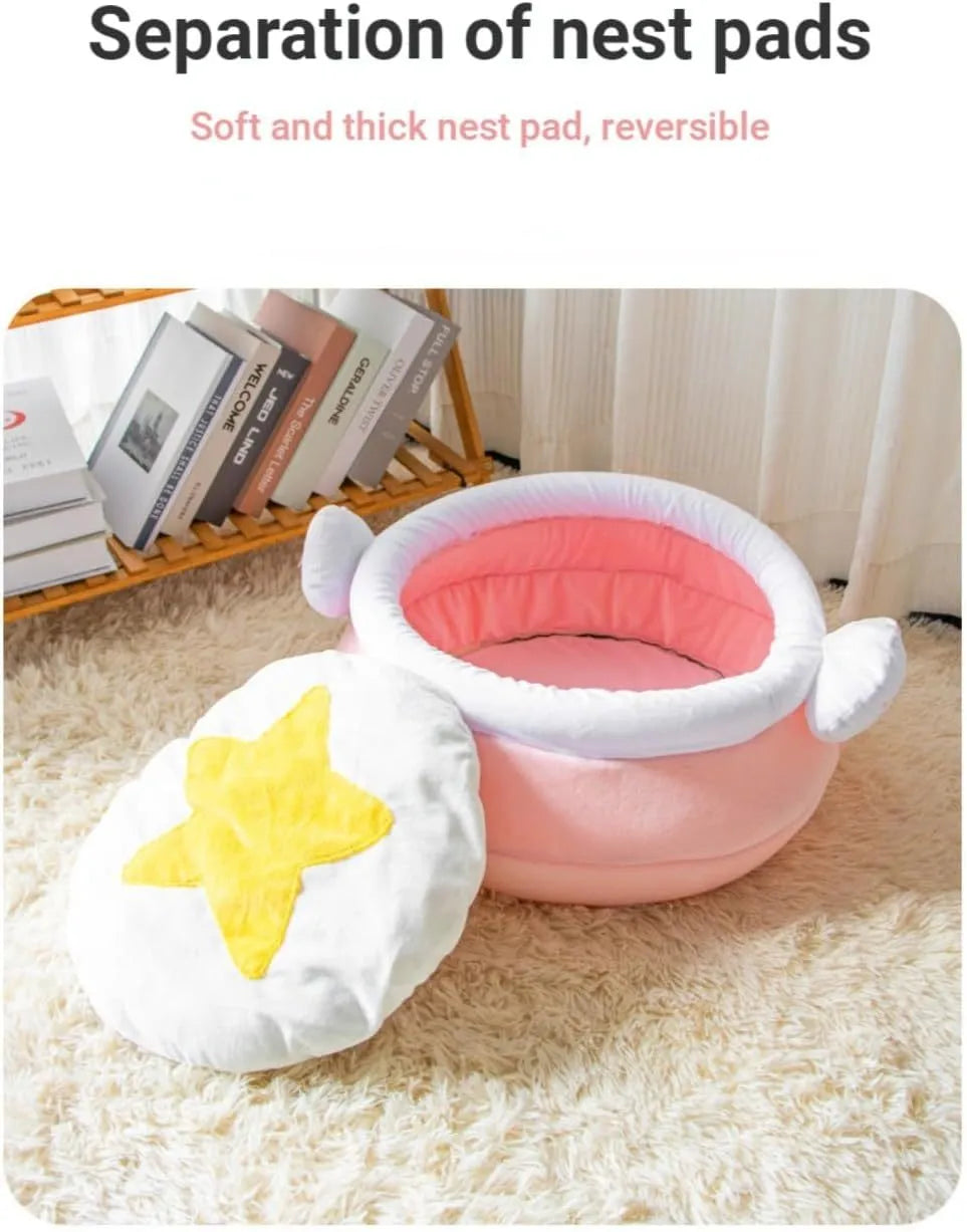 Pink honey pot-shaped cat sofa bed with a large soft interior and a removable cushion.