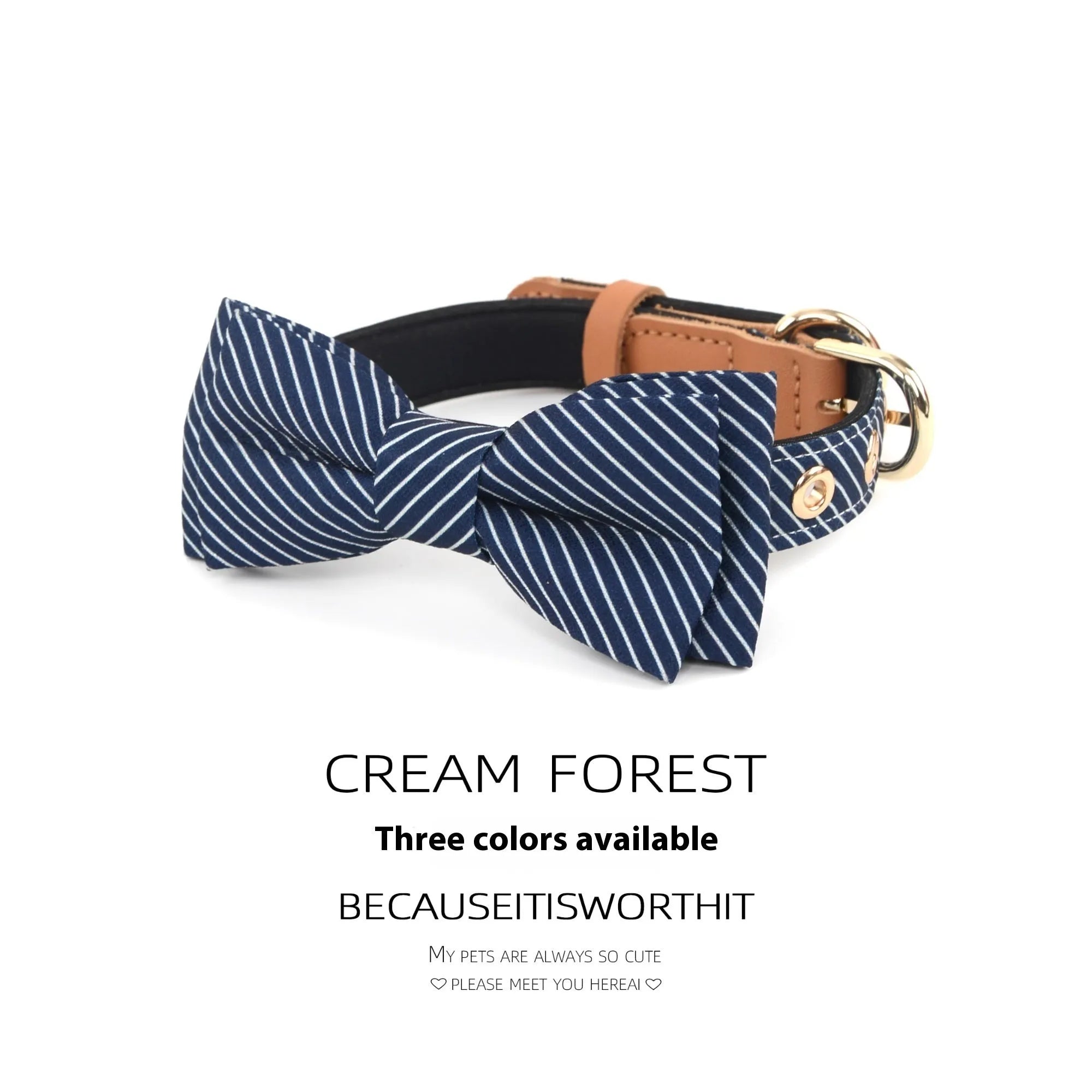 Cotton dog collar with detachable bow in dark blue colour showing 2cm width