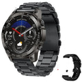 Black Bluetooth sports watch with round AMOLED screen showing time and heart rate on a silicone strap.